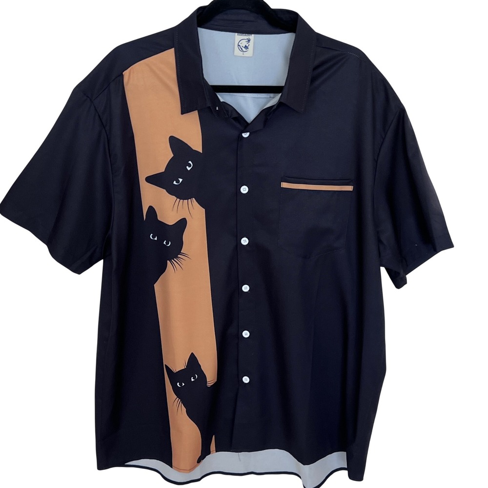 Hardaddy Mens Peeking Black Cats Graphic Button Down Shirt Black Large